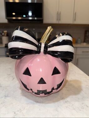 New Pink Halloween Pumpkin Decor with Black and White Bow